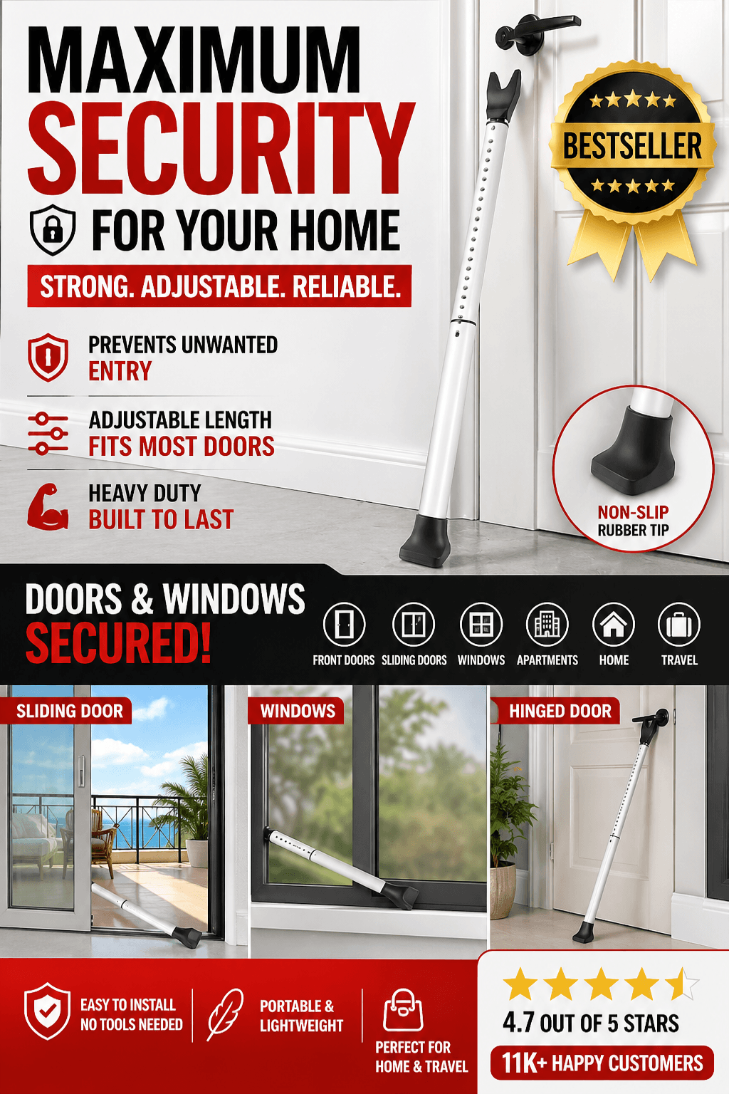 Security bar propping a door closed