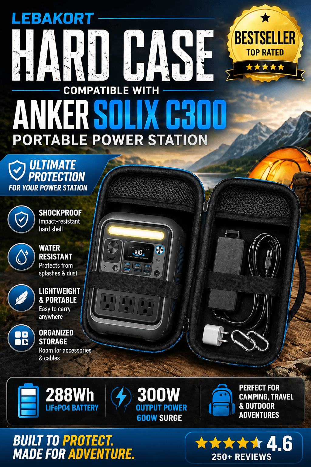 Portable power station with cables on a table