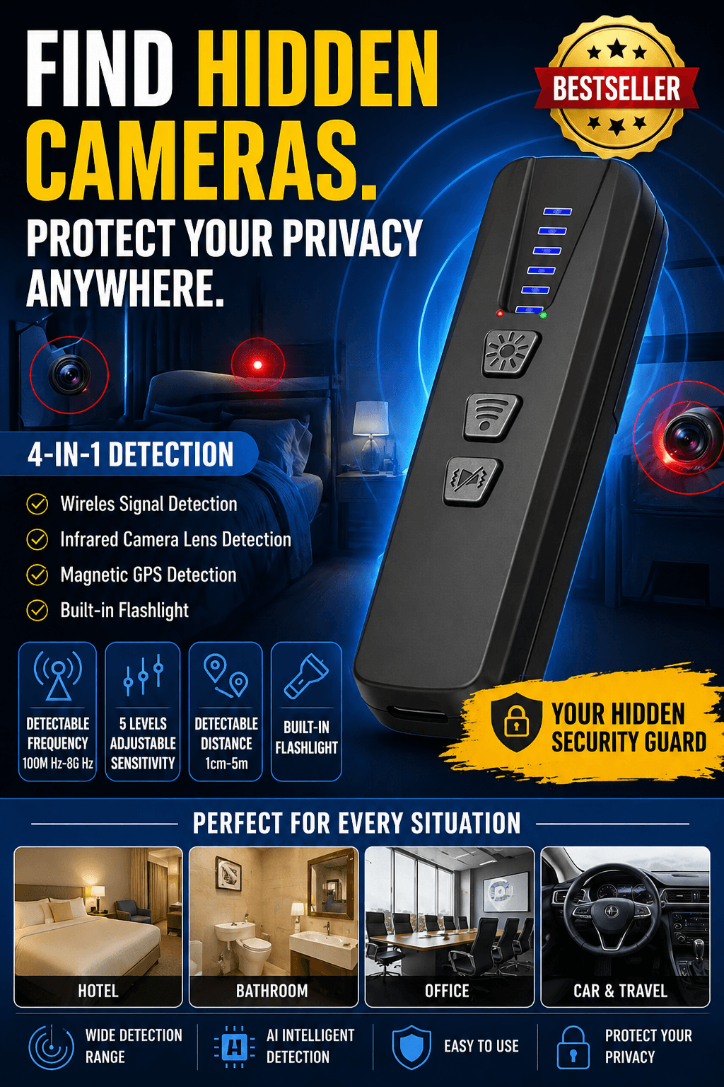 Dark room with a small LED device used for privacy scanning
