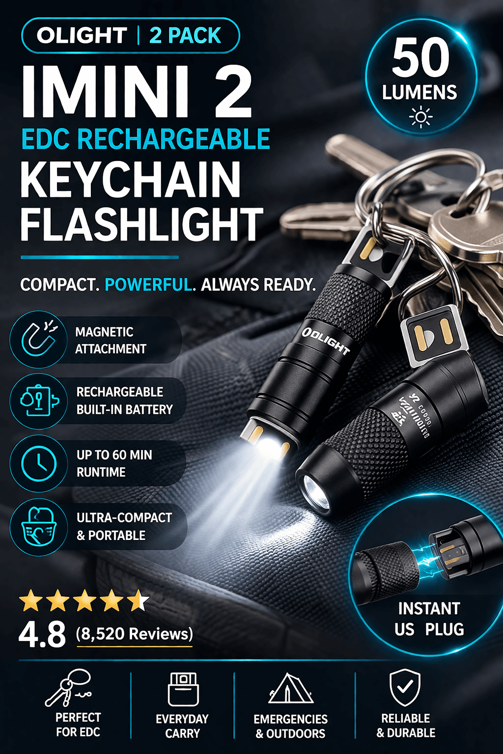 Two mini Olight flashlights on a keychain