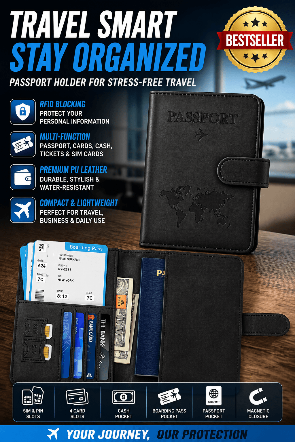 Travel wallet beside a passport and boarding pass