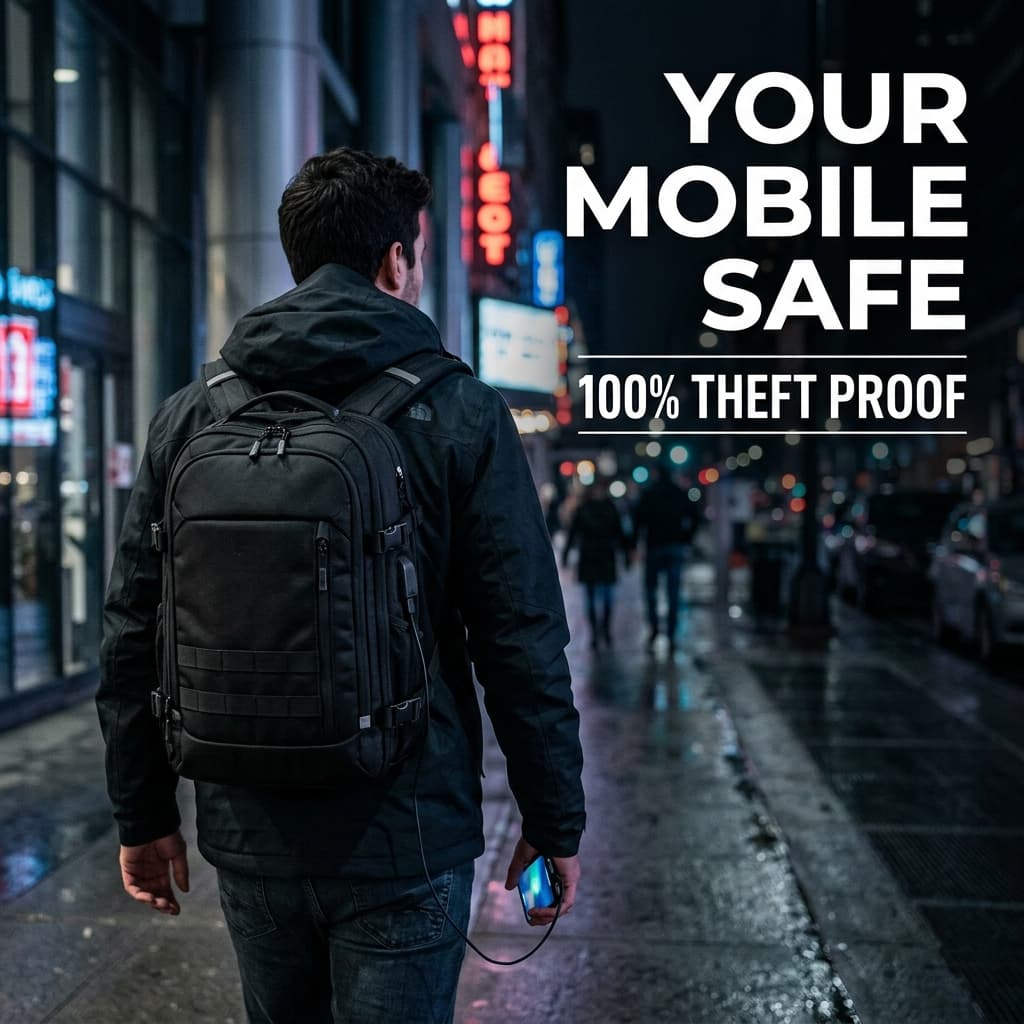 Person wearing modern tactical black anti-theft smart backpack