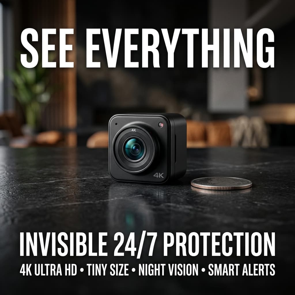 Tiny 4k mini security camera on a dark surface