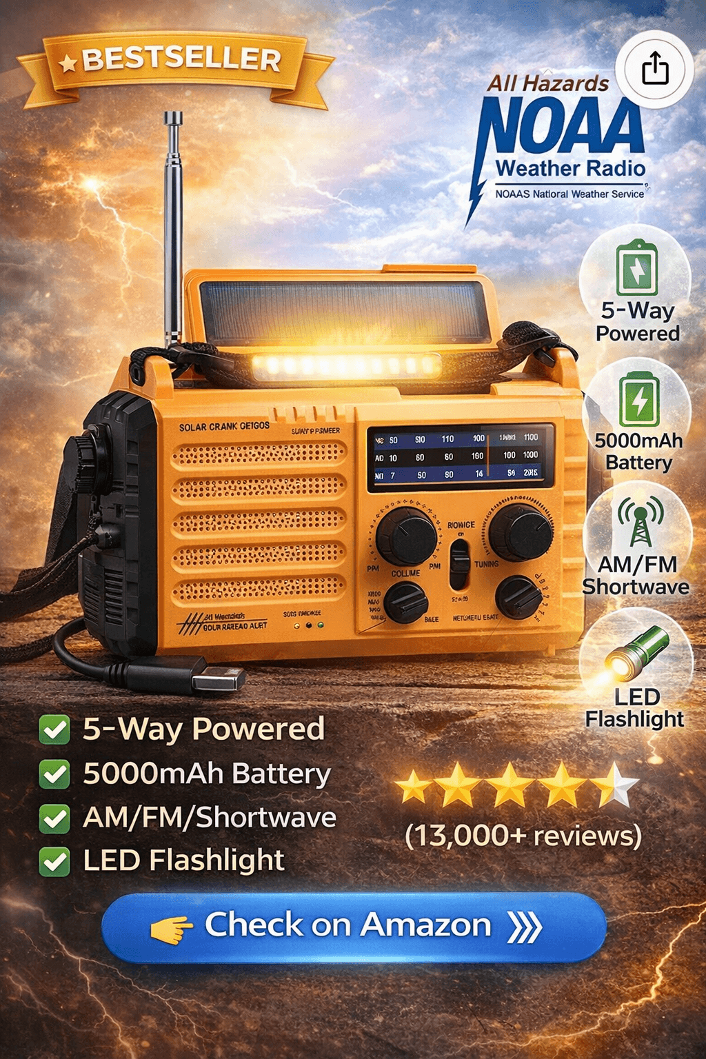 Orange NOAA survival radio with solar panel and hand crank