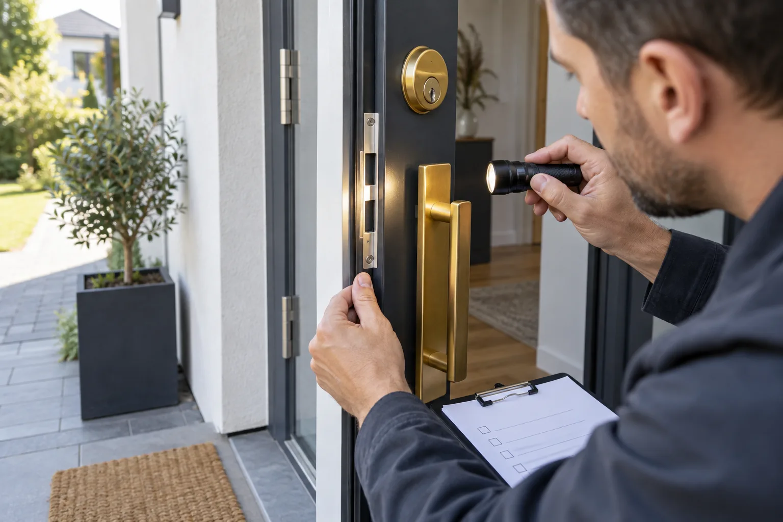 Homeowner checking the lock, strike plate and frame of a modern front door with a flashlight