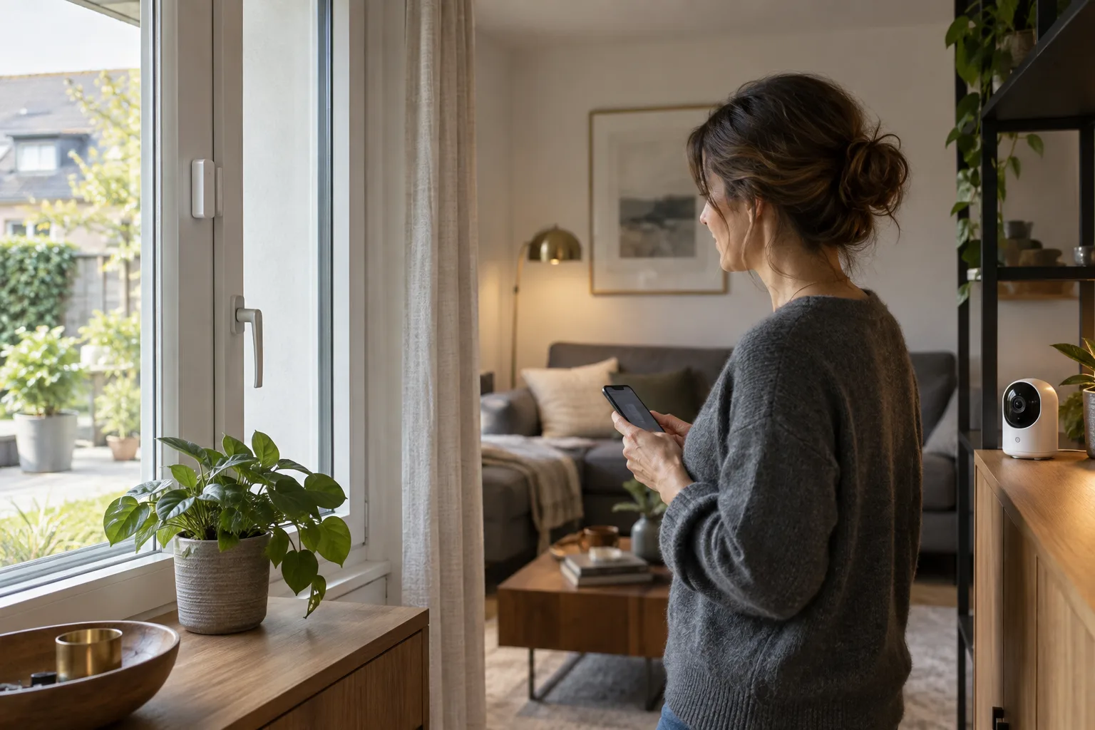 Homeowner verifying a window sensor and indoor security camera from a phone