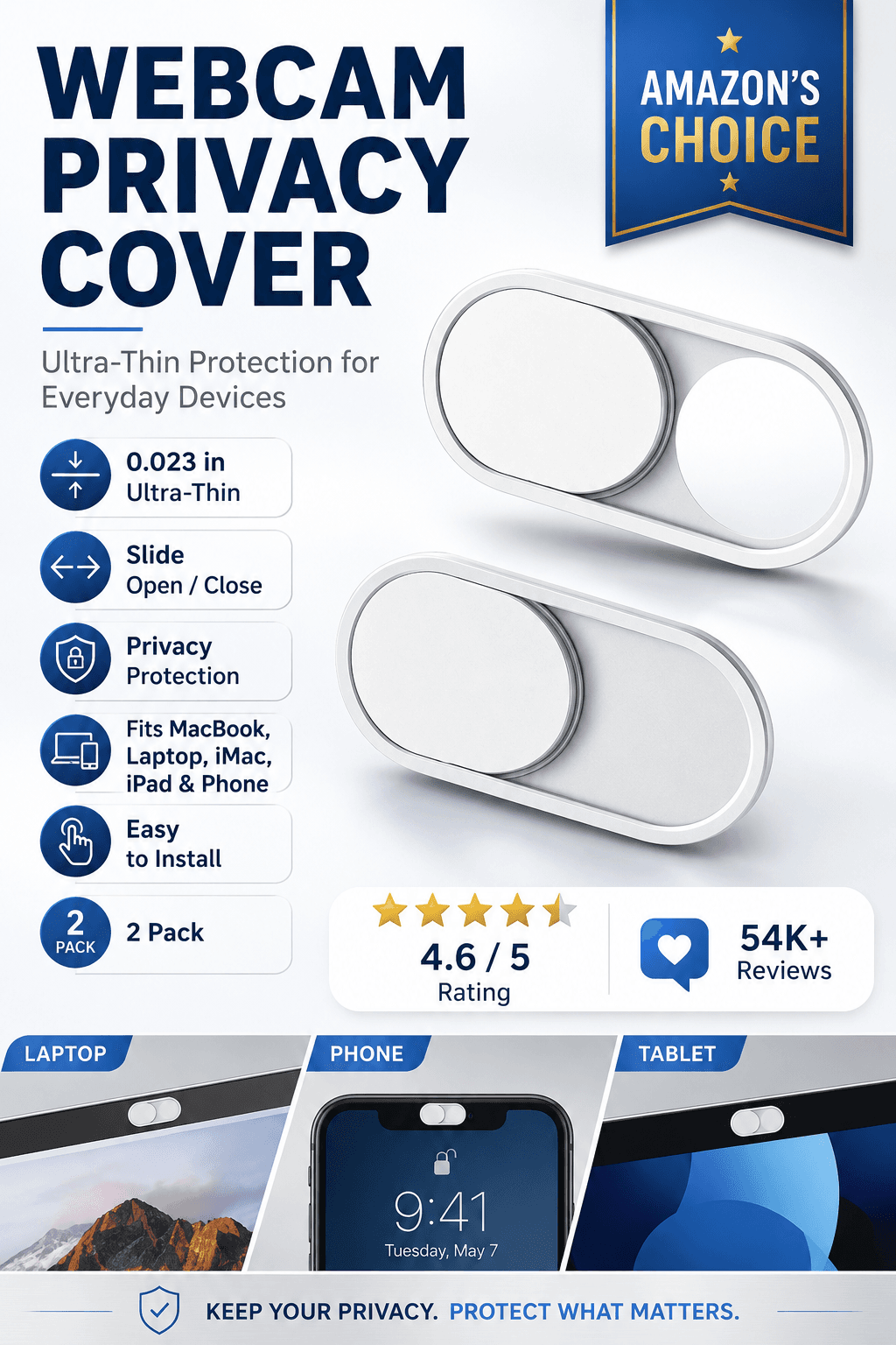 CloudValley white ultra-thin webcam cover slide two pack